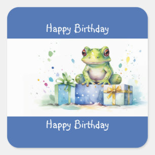 Happy Birthday Cute Green frog with wrapped gifts Square Sticker