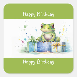 Happy Birthday Cute Green frog with wrapped gifts Square Sticker