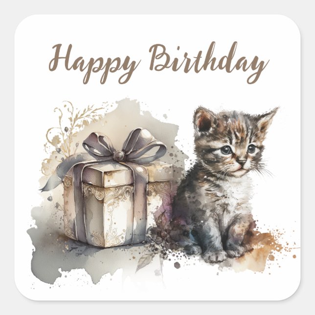 Happy Birthday | Cute Grey Kitten and Gift Square Sticker (Front)