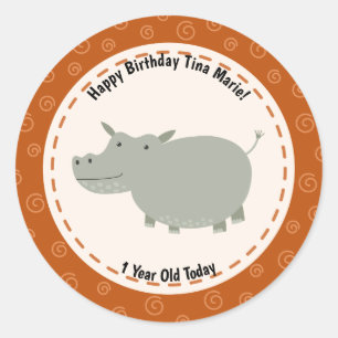 Happy Birthday Cute Hippopotamus Zoo Animals Classic Round Sticker