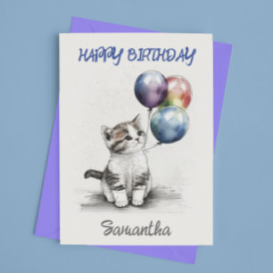 Happy Birthday Cute Kitten with Balloons Card