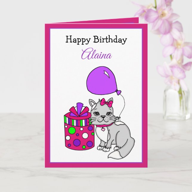 Happy Birthday Cute Kitty Cat Girl's Birthday Card (Orchid)