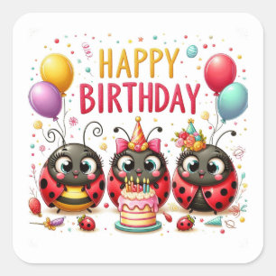 Happy Birthday Cute Ladybugs Celebrating Square Sticker