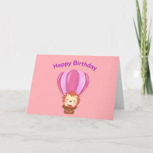 Happy Birthday Cute Lion In Hot Air Balloon  Holiday Card