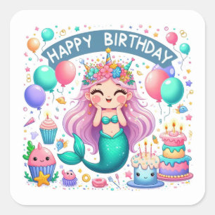 Happy Birthday Cute Mermaid Celebrating Square Sticker