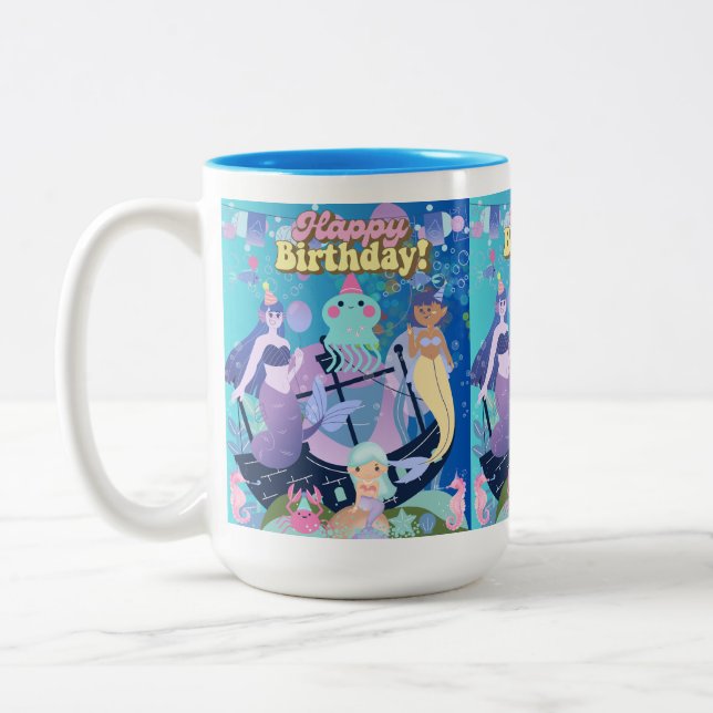 Happy birthday! cute mermaid  Two-Tone coffee mug (Left)