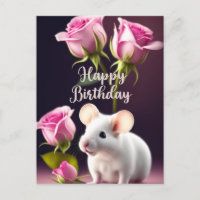 Happy Birthday Cute Mouse with Pink Roses 