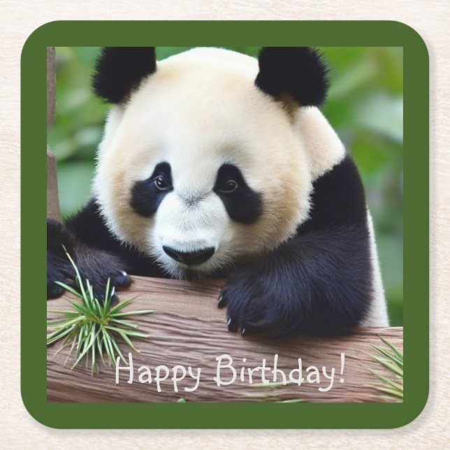 Happy Birthday Cute Panda Bear Square Paper Coaster (Front)