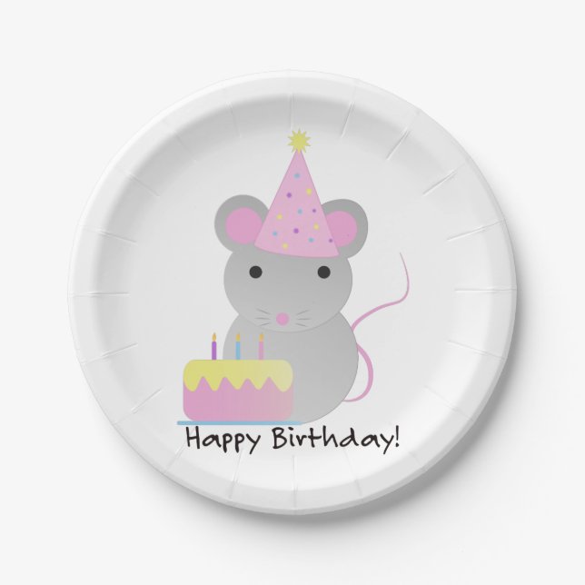 Happy Birthday Cute Parrty Mouse Paper Plate (Front)