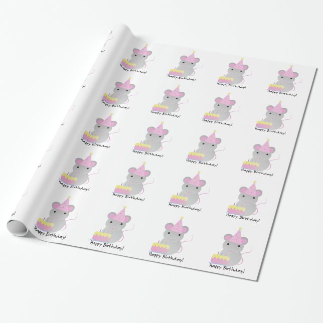 Happy Birthday Cute Parrty Mouse Wrapping Paper (Unrolled)