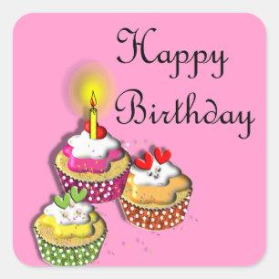 Happy Birthday Cute Party Cup Cakes Square Sticker