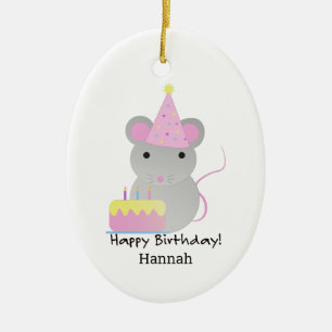 Happy Birthday Cute Party Mouse Ceramic Tree Decoration