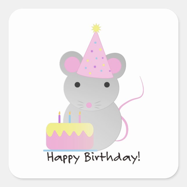 Happy Birthday Cute Party Mouse Square Sticker (Front)