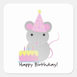 Happy Birthday Cute Party Mouse Square Sticker