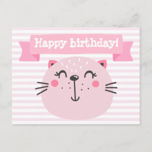 Happy birthday! Cute Pink Cat - Kids Birthday Announcement Postcard