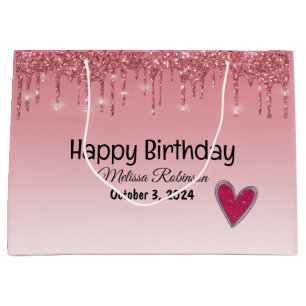 Happy Birthday Cute Pink Dripping Glitter  Large Gift Bag