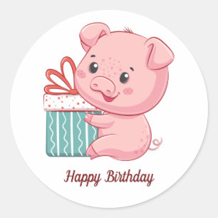 Happy Birthday Cute Pink Piglet with Gift Box Classic Round Sticker