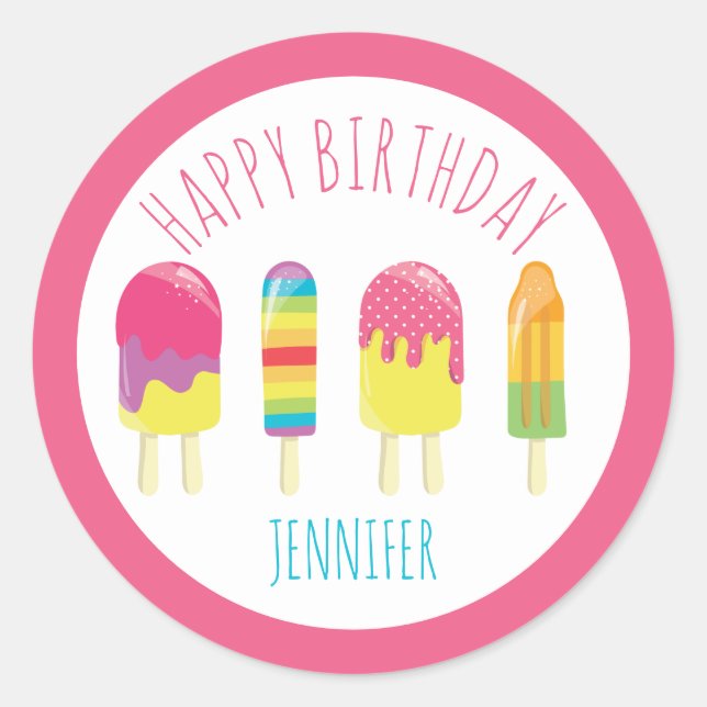 Happy birthday cute pink Popsicle party kawaii Classic Round Sticker (Front)