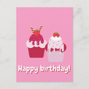 Happy Birthday - Cute Pink Strawberry Shortcakes Postcard