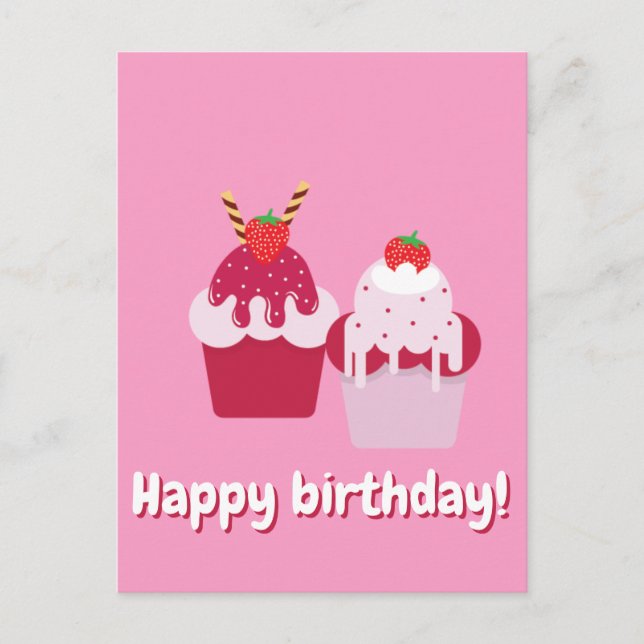 Happy Birthday - Cute Pink Strawberry Shortcakes Postcard (Front)