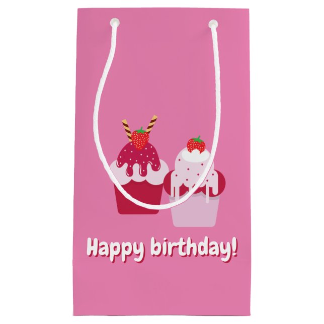 Happy Birthday - Cute Pink Strawberry Shortcakes Small Gift Bag (Front)