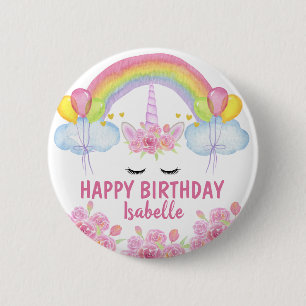 Happy Birthday Cute Pink Unicorn Rainbow Floral 6 Cm Round Badge