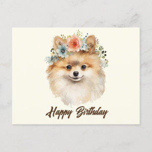 Happy Birthday Cute Pomeranian Dog with Flowers Postcard