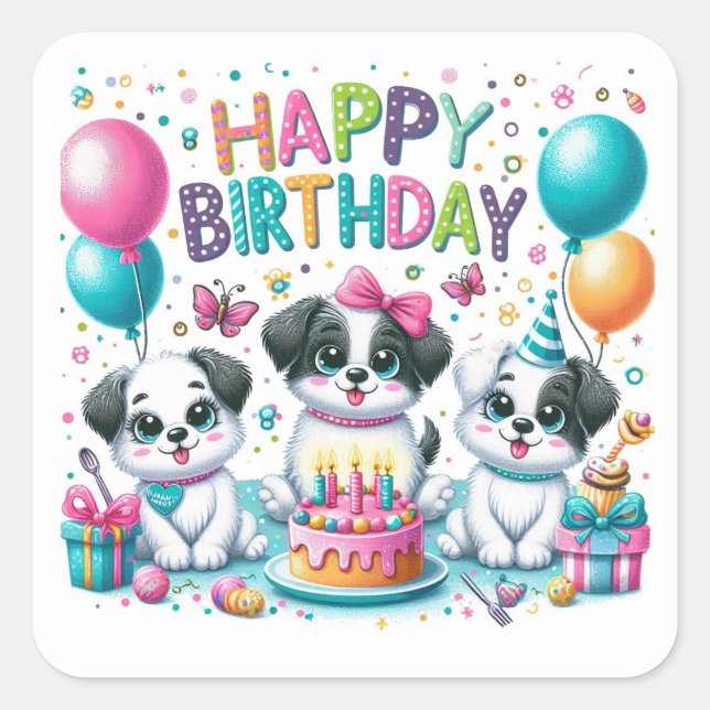 Happy Birthday Cute Puppies Celebrating Square Sticker (Front)