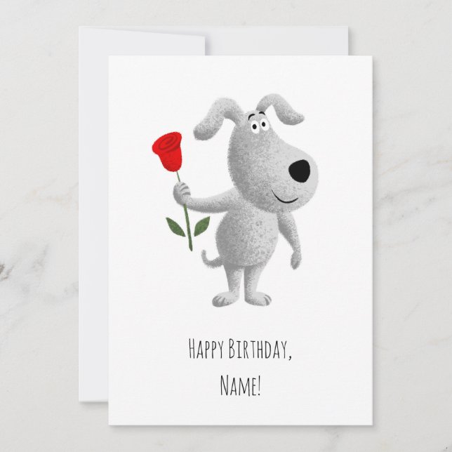 Happy Birthday Cute Puppy Dog Red Rose Card (Front)