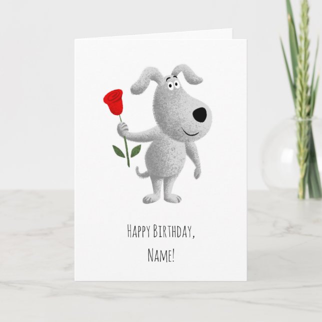 Happy Birthday Cute Puppy Dog Red Rose Holiday Card (Front)