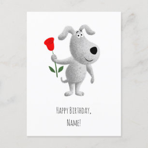 Happy Birthday Cute Puppy Dog Red Rose Postcard