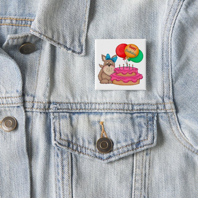 Happy Birthday Cute Puppy with Balloons and Cake  15 Cm Square Badge (Creator Uploaded)