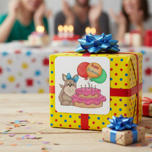 Happy Birthday Cute Puppy with Balloons and Cake  Square Sticker