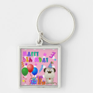 Happy birthday cute puppy with cake and gifts pink key ring