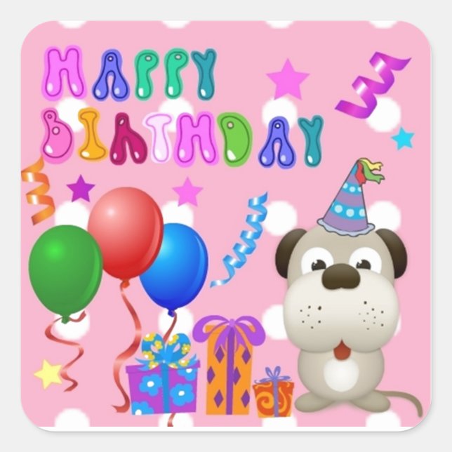 Happy birthday cute puppy with cake and gifts pink square sticker (Front)