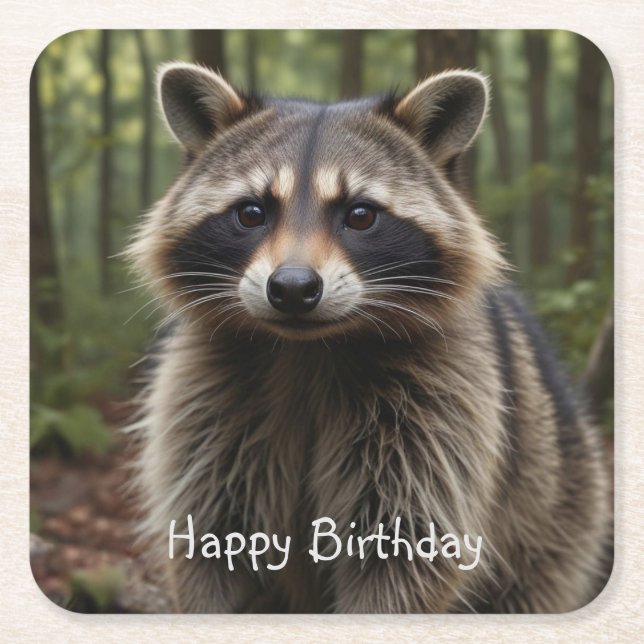 Happy Birthday Cute Racoon   Square Paper Coaster (Front)