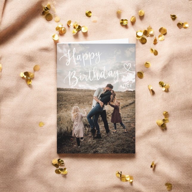 Happy Birthday Cute Script Heart Photo Card (Creator Uploaded)