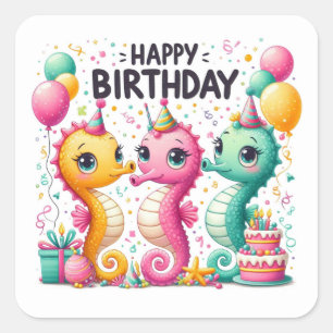 Happy Birthday Cute Seahorses Celebrating Square Sticker