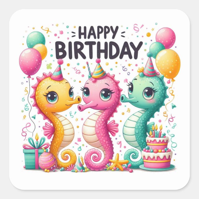 Happy Birthday Cute Seahorses Celebrating  Square Sticker (Front)