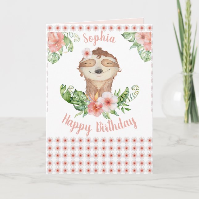  Happy Birthday Cute Sloth Girl Name Card (Front)
