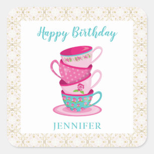 Happy Birthday Cute Tea cups afternoon floral Square Sticker