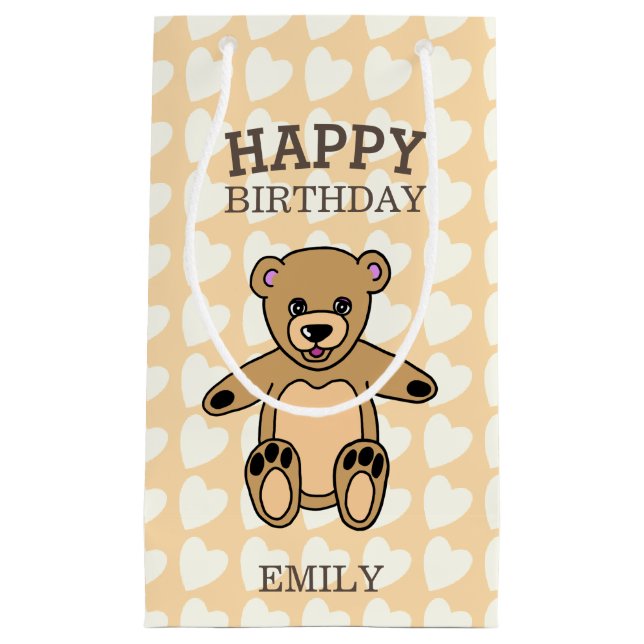 Happy Birthday Cute Teddy Bear with Hearts Small Gift Bag (Front)
