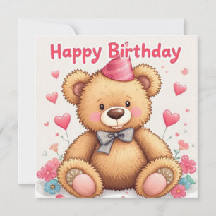 Happy Birthday Cute Teddy Bear with Pink Hearts Card