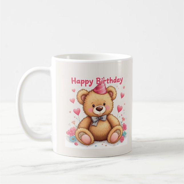 Happy Birthday Cute Teddy Bear with Pink Hearts Coffee Mug (Left)