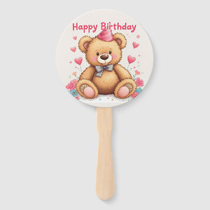 Happy Birthday Cute Teddy Bear with Pink Hearts Hand Fan
