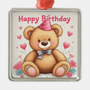 Happy Birthday Cute Teddy Bear with Pink Hearts Metal Tree Decoration