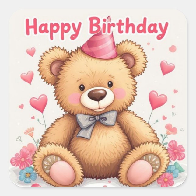 Happy Birthday Cute Teddy Bear with Pink Hearts Square Sticker (Front)