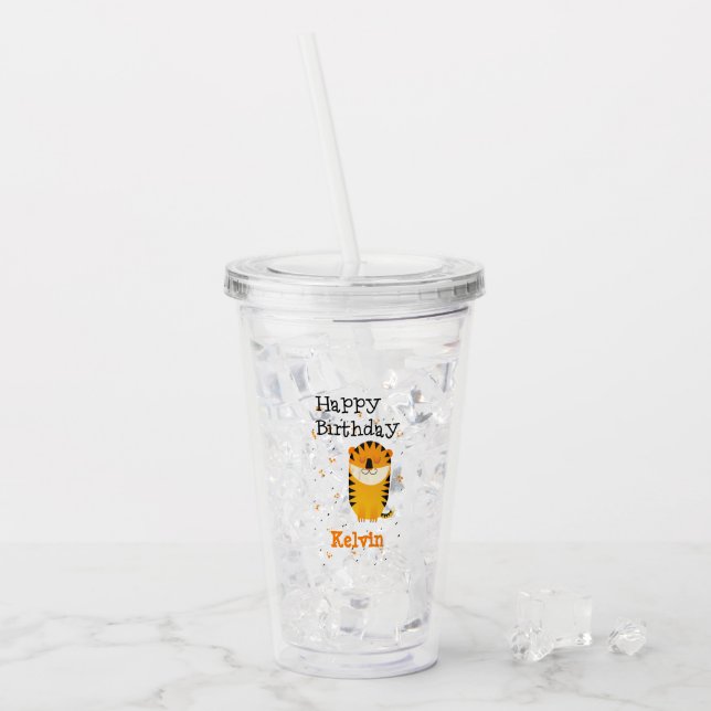 Happy birthday cute tiger custom name grey acrylic tumbler (Front Ice)