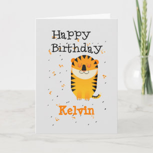 Happy birthday cute tiger custom name grey card