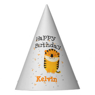 Happy birthday cute tiger custom name grey party hat